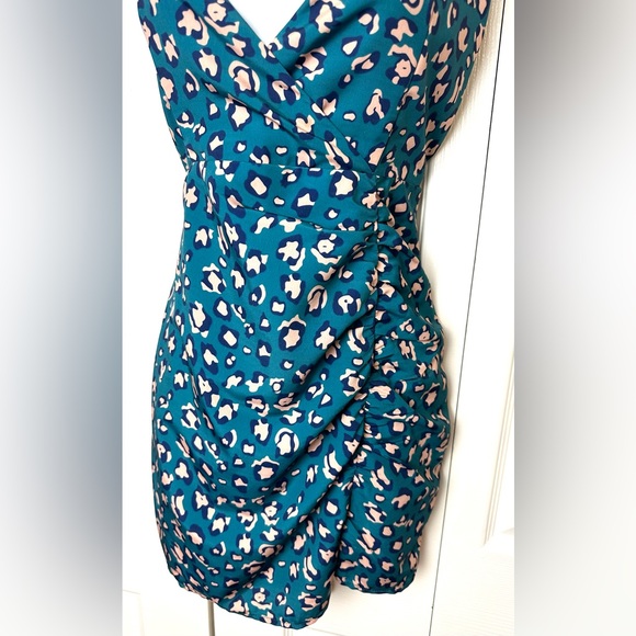 SUPERDOWN Revolve Mia Mini Dress Leopard Animal Print Blue Green Teal Ruched - Picture 8 of 15